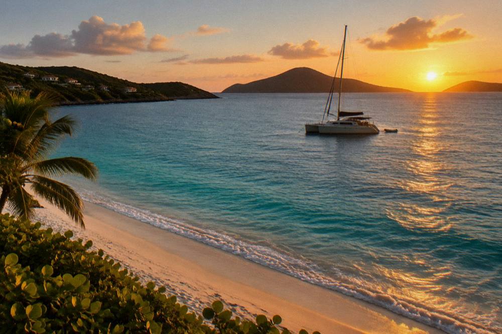 A catamaran at anchor at sunset with hills silhouetted behind