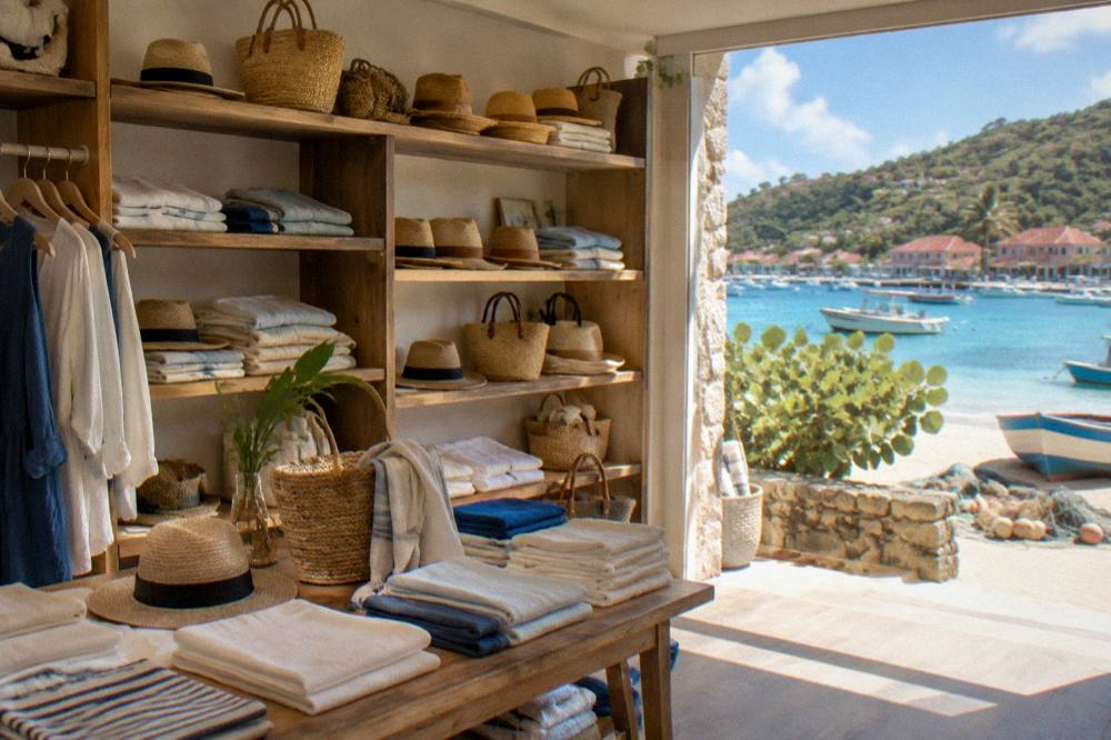 A boutique interior with folded linen clothing and shelves of straw hats and woven bags