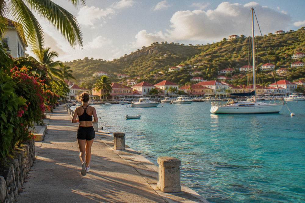 A sailboat anchored in clear turquoise water off a green hillside on St Barts