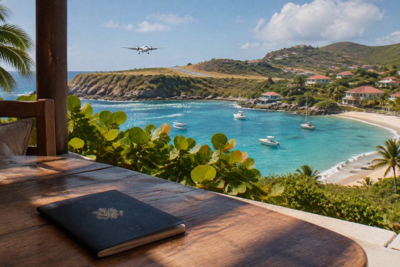 A passport resting on a wooden table with a view of turquoise Caribbean water and green hills in the background