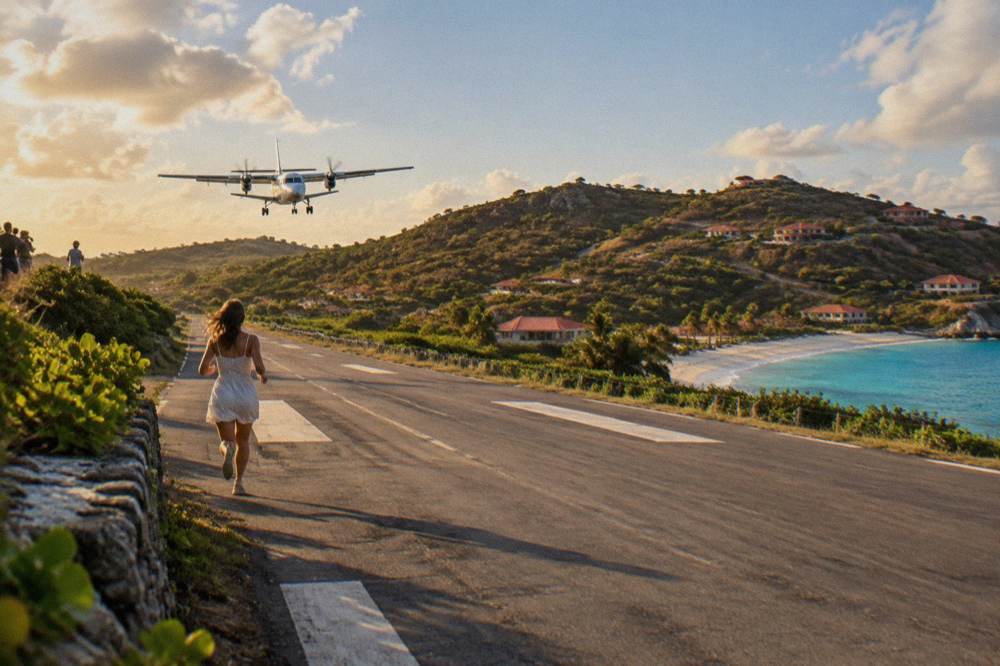 A small white turboprop aircraft on a short runway between a hillside and a beach