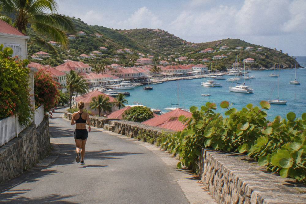 A narrow winding road climbing a green hillside with sea views