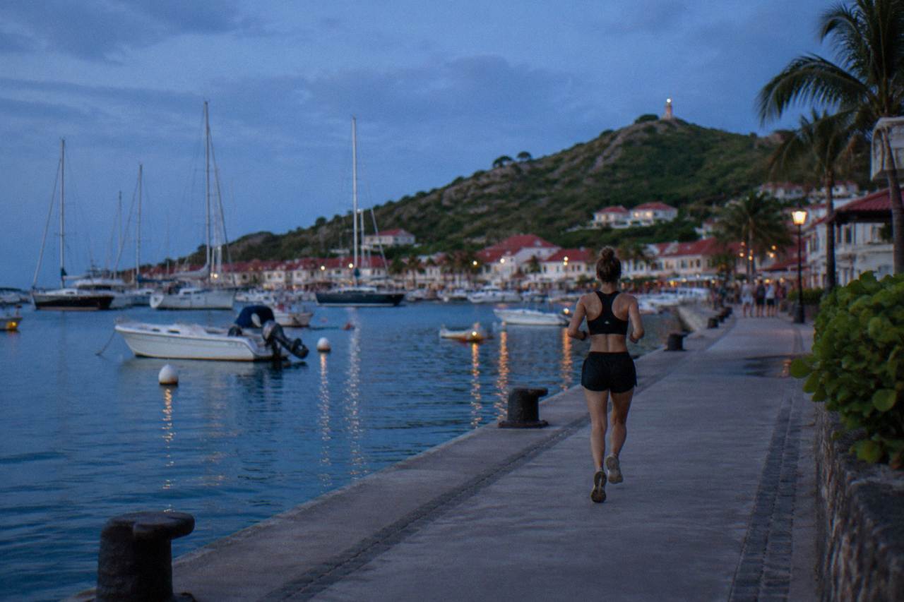 Red-roofed houses and boats in Gustavia harbor on the French Caribbean island of St Barts