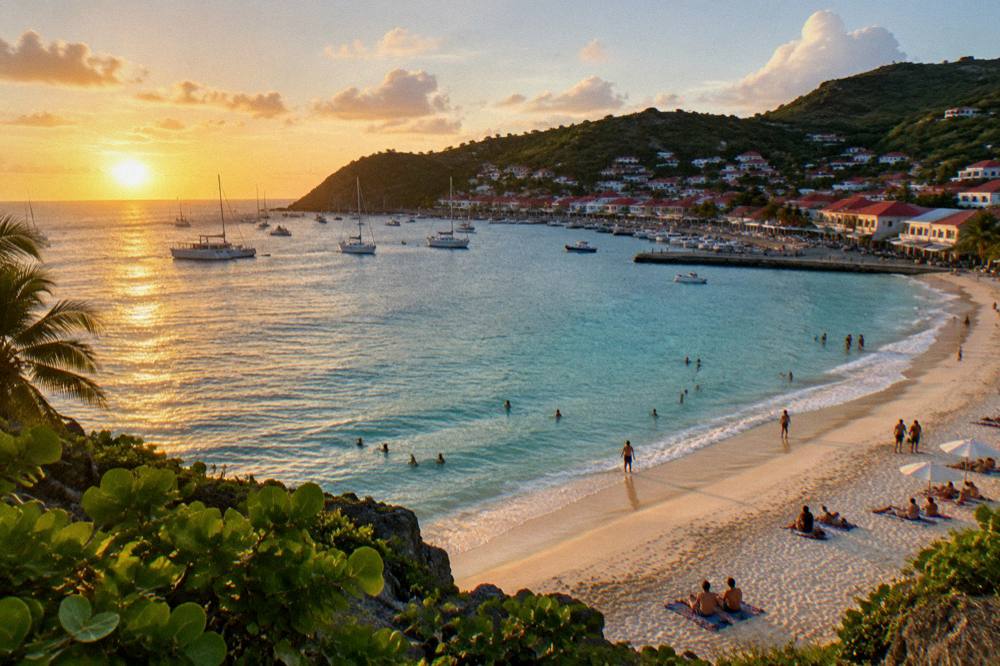 Families and swimmers on a wide public beach with green hills behind it in St Barts
