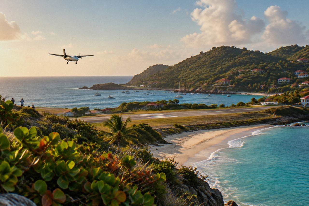 A small turboprop aircraft on a short Caribbean runway between green hills and blue water