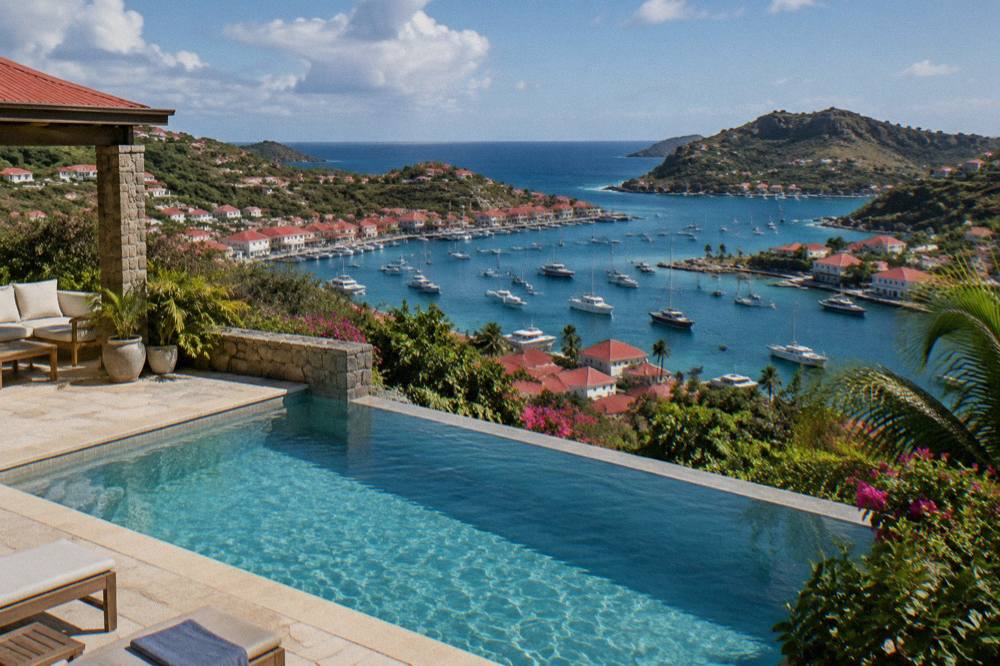 A stone villa terrace with a pool overlooking the Caribbean sea at midday