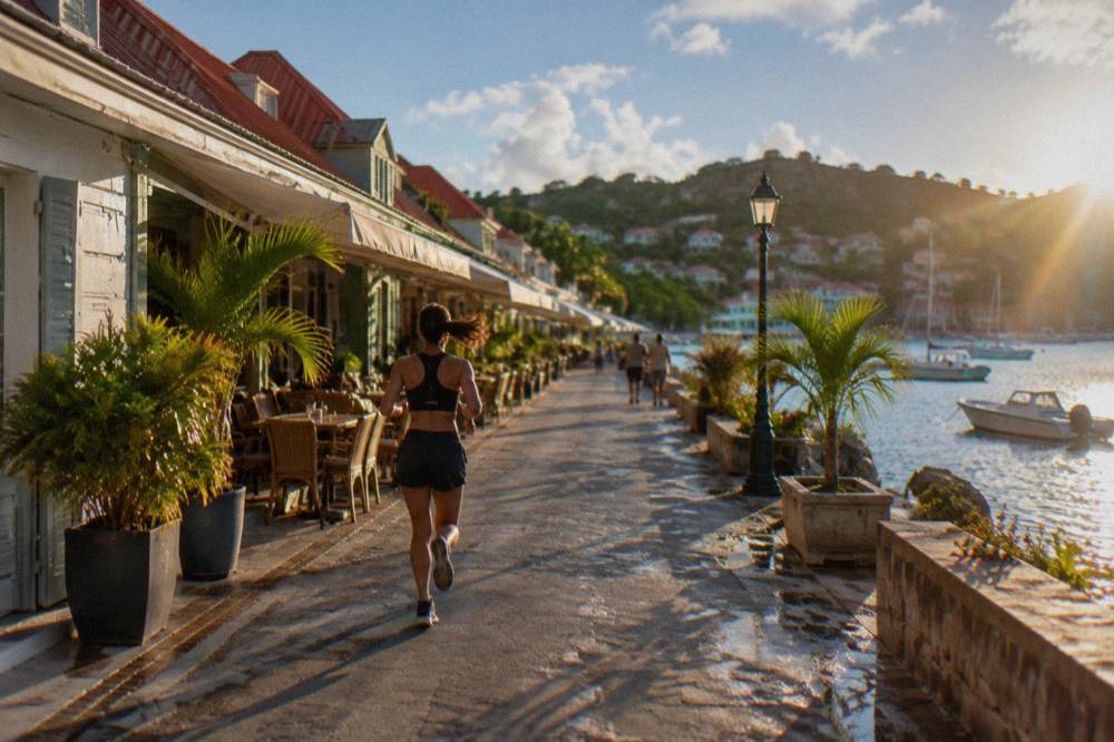 A quiet Caribbean village street with shuttered facades in late afternoon light
