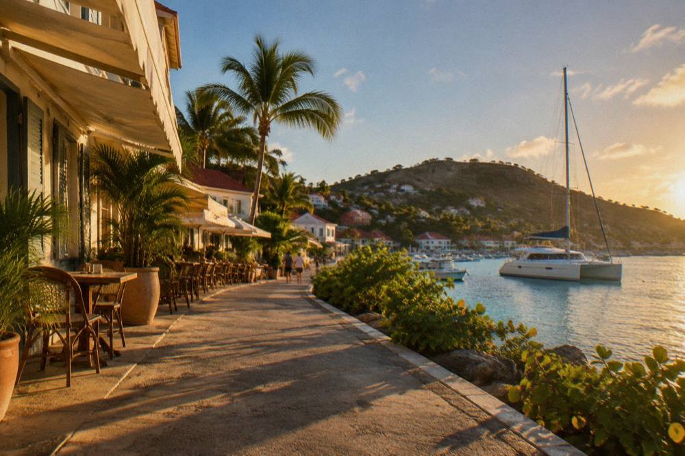 A catamaran at anchor in a quiet Caribbean bay at golden hour