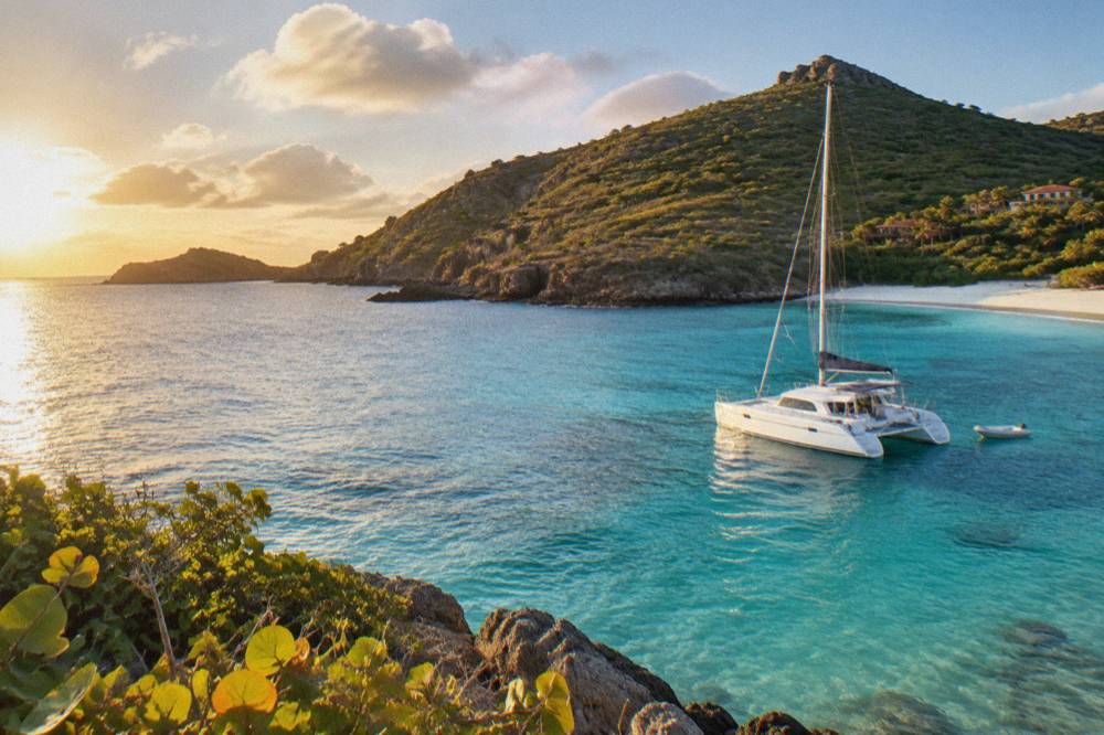 A catamaran moored in a quiet bay with a sandy beach and green headland