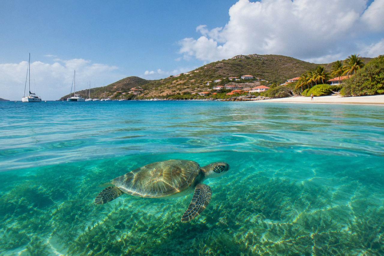 A green sea turtle swimming over seagrass in clear turquoise Caribbean water