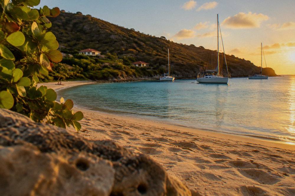 Anchored sailboats in a protected bay at golden hour