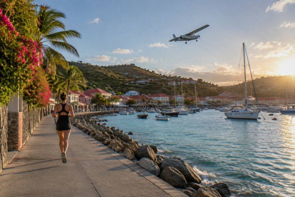 A Cessna Grand Caravan turboprop banking over turquoise Caribbean water near St Barts