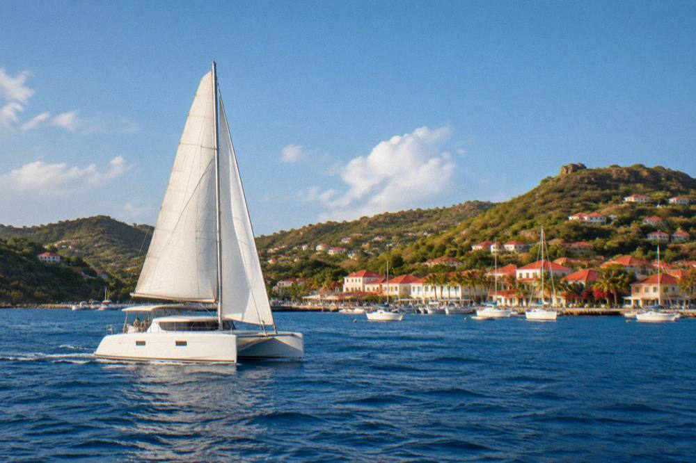 A white catamaran under sail on open blue water between St Martin and St Barts