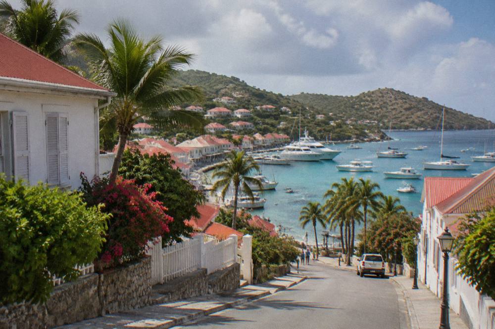 Quiet street in Gustavia with white buildings and palm trees near the harbor