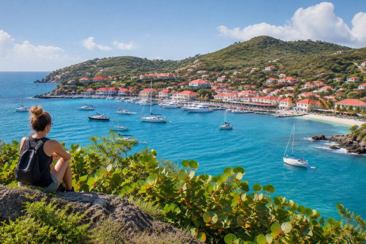 A lone traveller with a small bag looking out over turquoise Caribbean water from a green hillside on St Barts