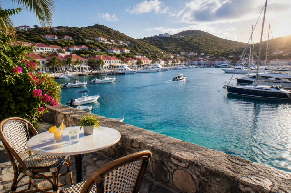 A single café table beside a harbour wall in Gustavia with yachts in the background