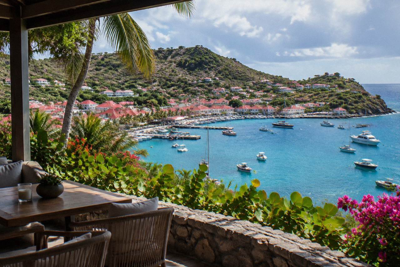 A hillside hotel terrace overlooking a turquoise bay on St Barts