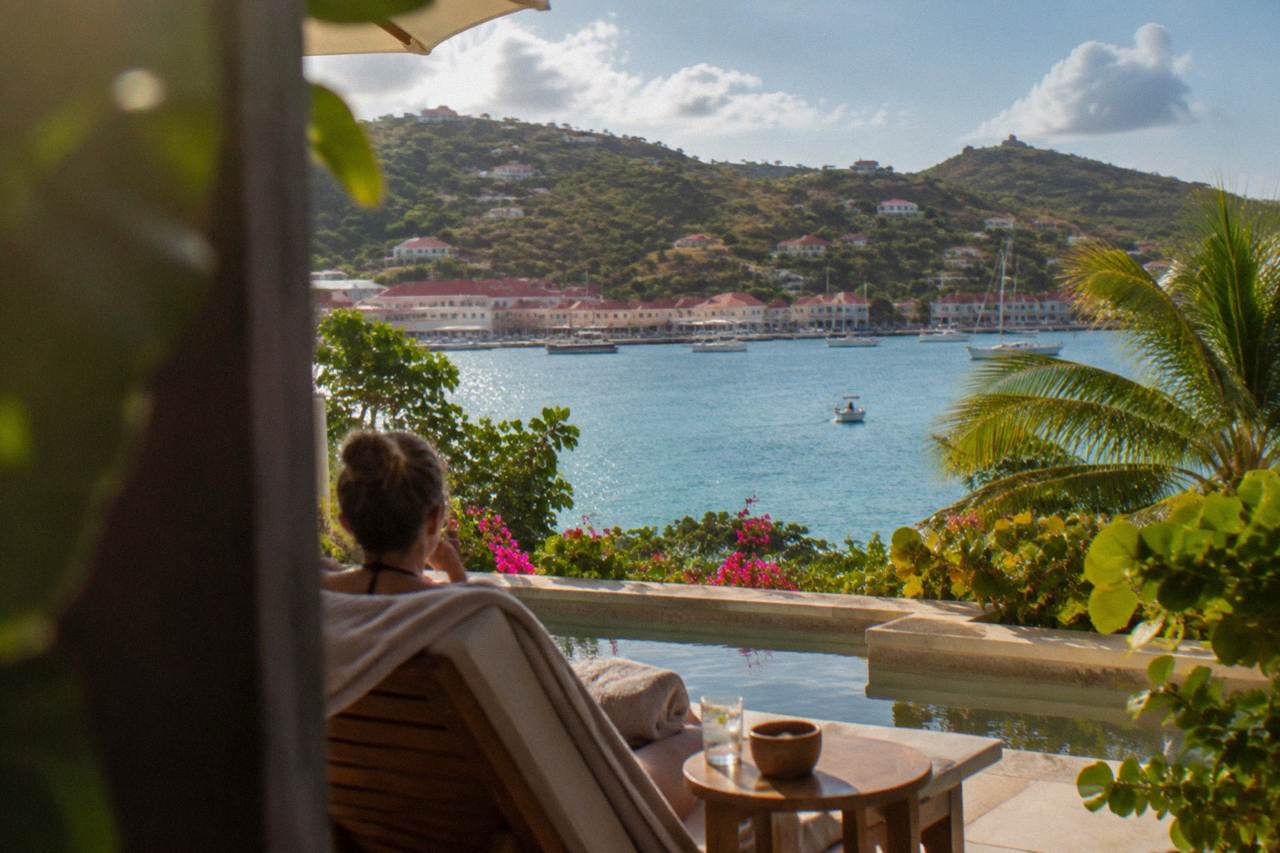 A quiet spa terrace overlooking turquoise Caribbean water on St Barts