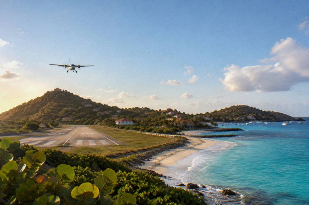 A small turboprop aircraft taxiing on a short runway beside a beach with a hill at one end