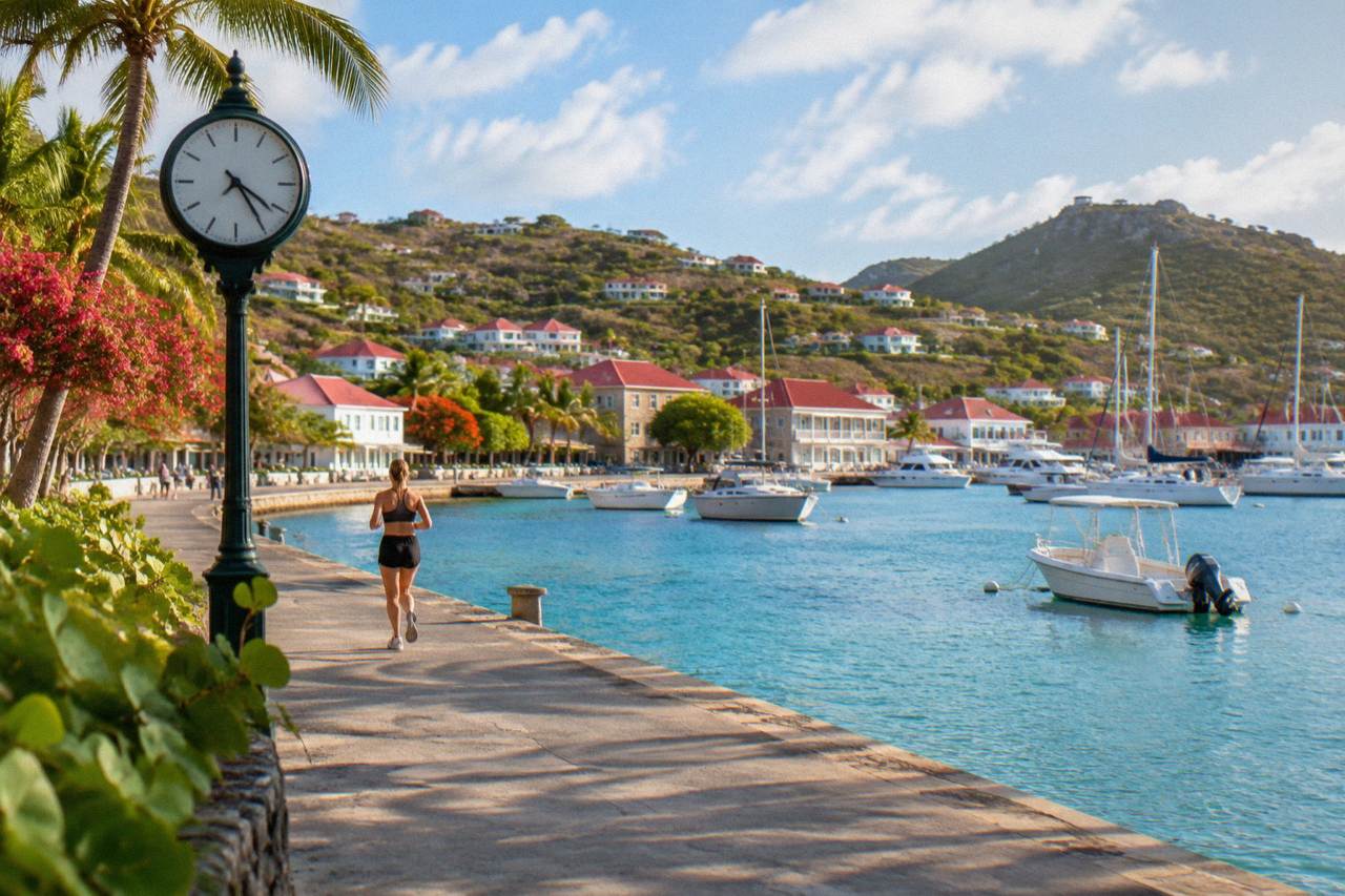 Clock face and harbor view of Gustavia with boats moored in the late afternoon light