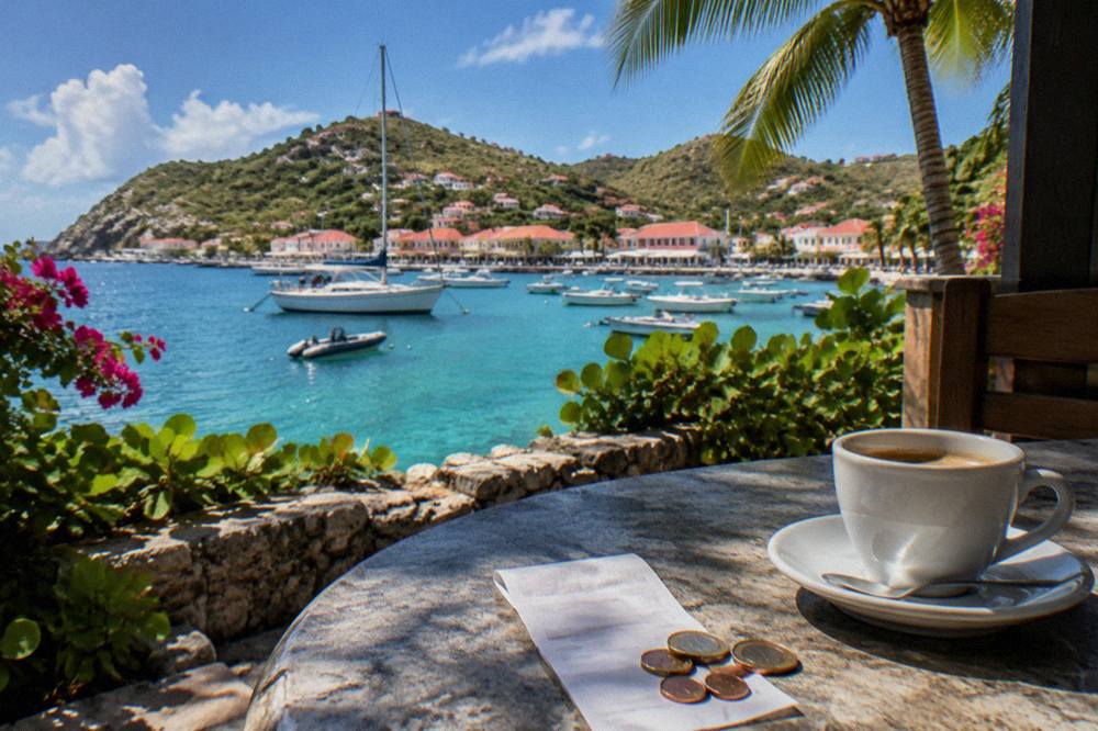 A restaurant bill and euro coins on a stone table beside a coffee cup overlooking the sea