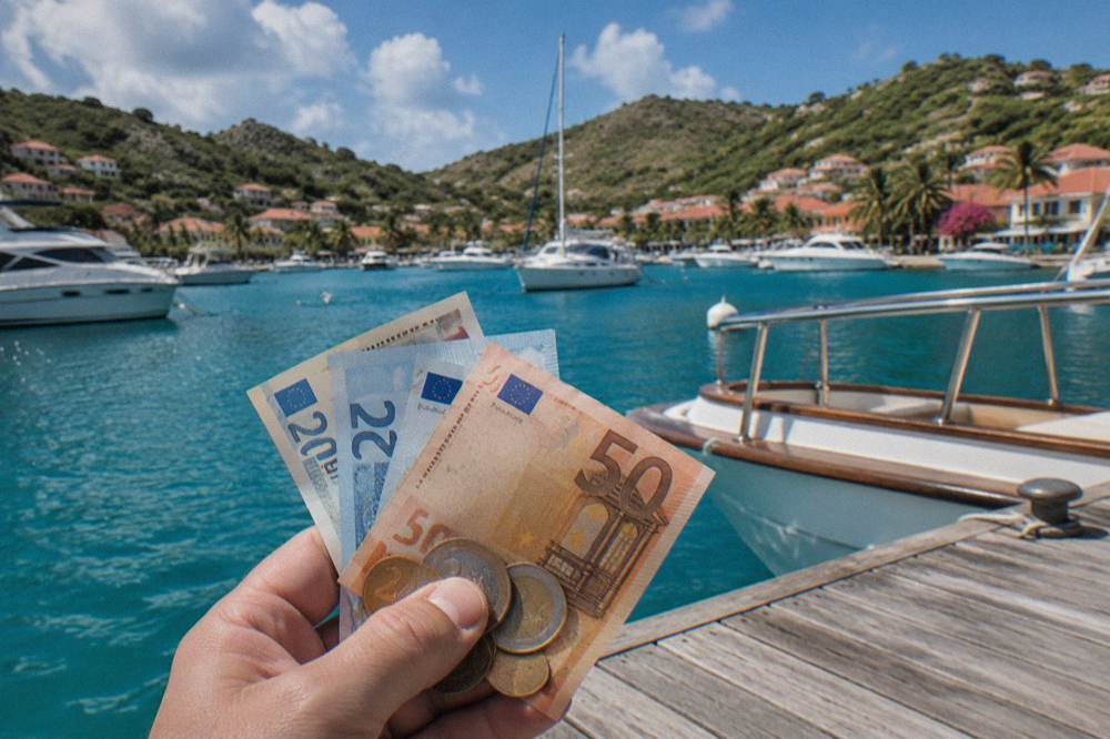 Euro banknotes and coins held in a hand beside a wooden dock with a boat railing in the background