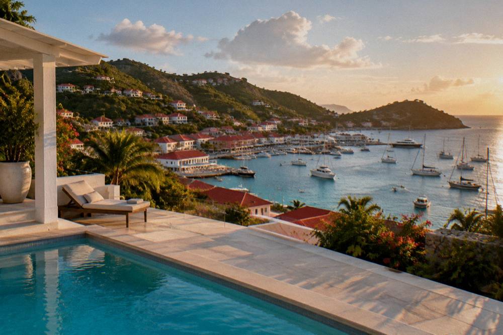 A white villa terrace with a pool overlooking the sea and hills of a Caribbean island