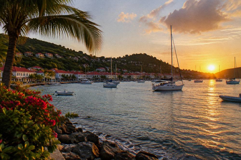 A sunset over the harbor of a small Caribbean town with sailboats at anchor and red rooftops along the shore