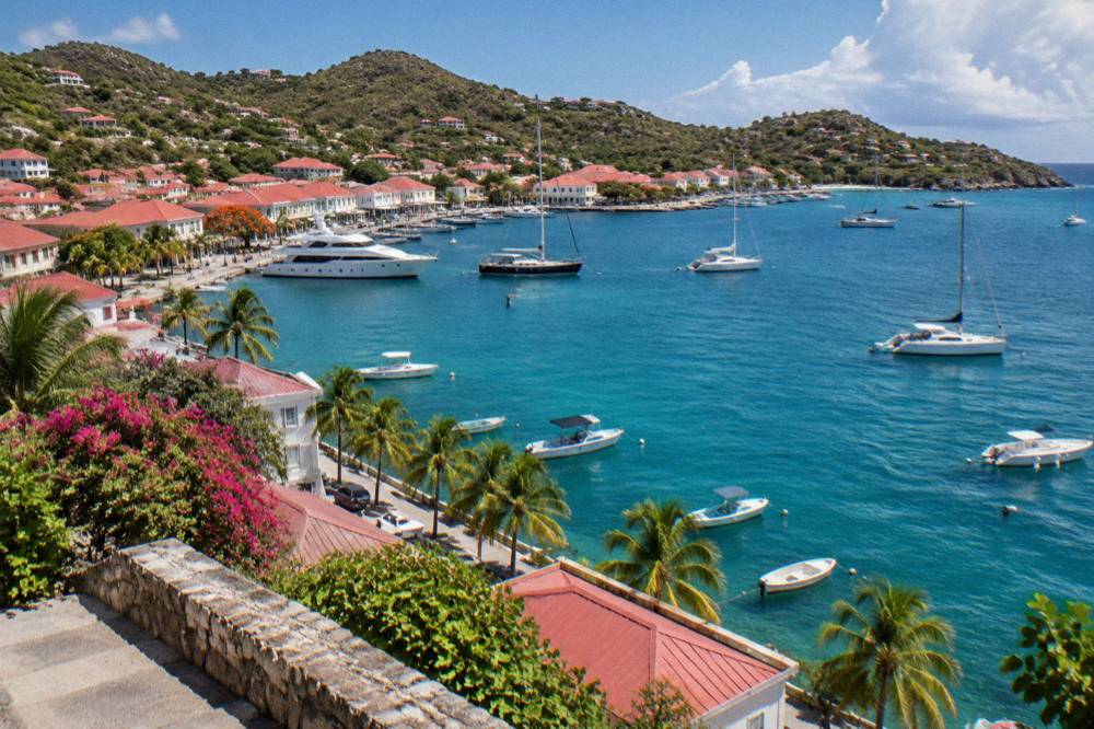 Red-roofed buildings along the harbour front in Gustavia, St Barts