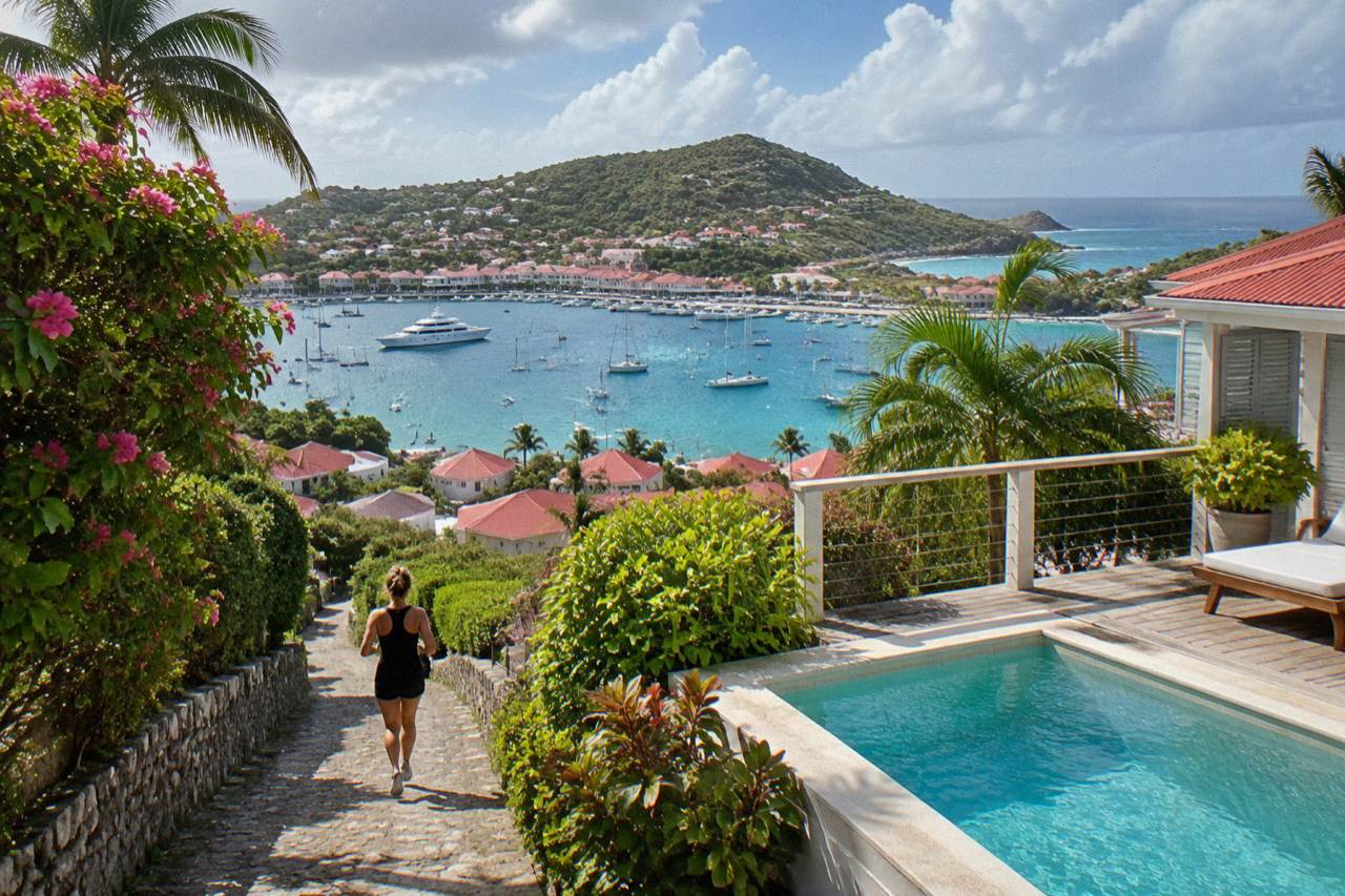 A hillside villa with a pool overlooking the turquoise sea of St Barts