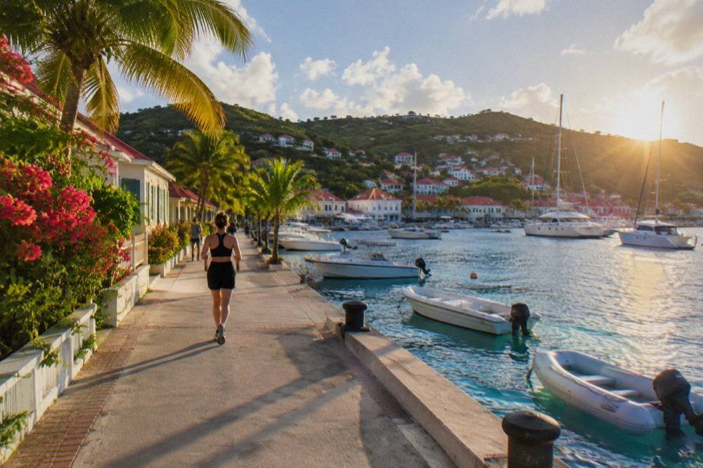 White villas with red roofs on a green hillside above the sea in St Barts
