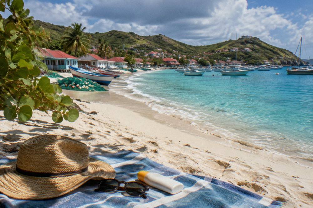 A folded straw hat, sunglasses and sunscreen on a beach towel beside turquoise water