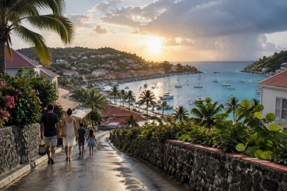 A family walking down a hill road toward a Caribbean harbour town at sunset