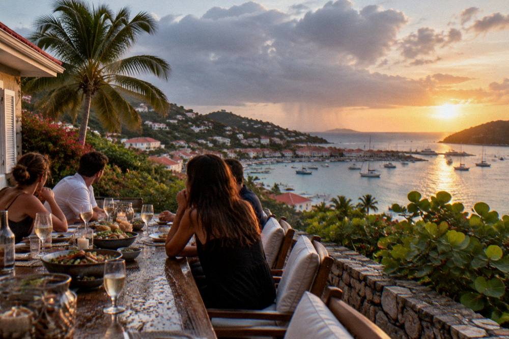 A group of friends sharing food at a long outdoor table on a villa terrace at sunset