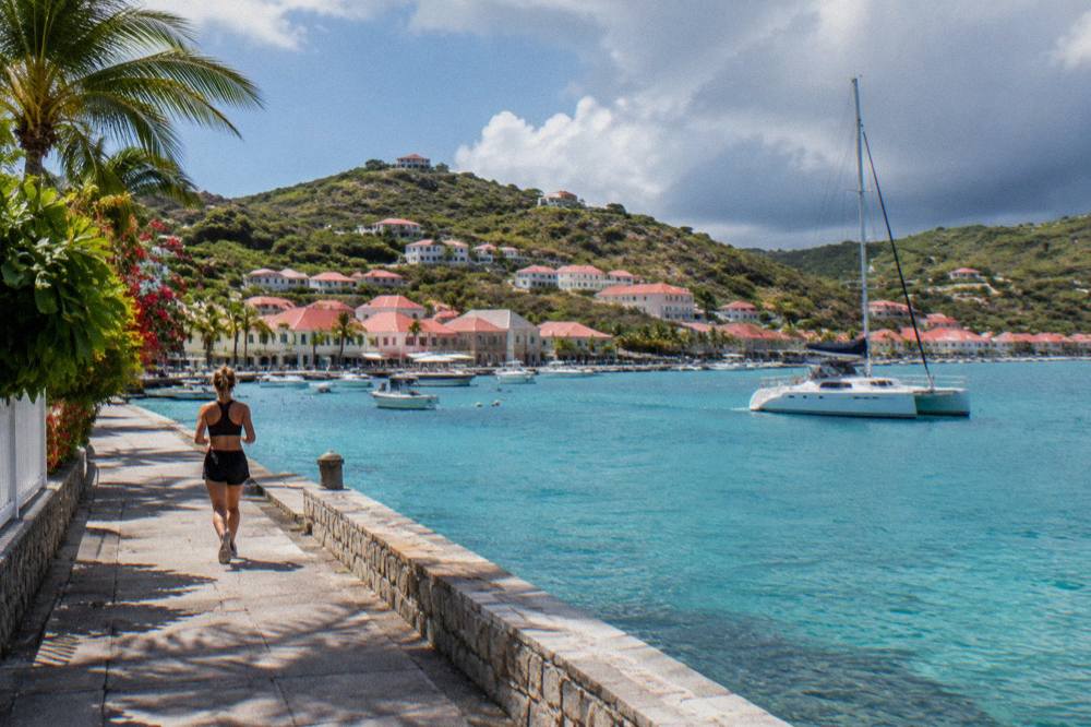A catamaran anchored in a turquoise bay near a wooded headland in St Barts