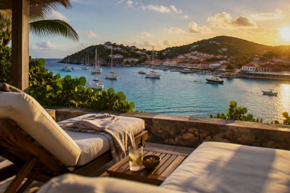 A shaded villa terrace with loungers facing the evening sea