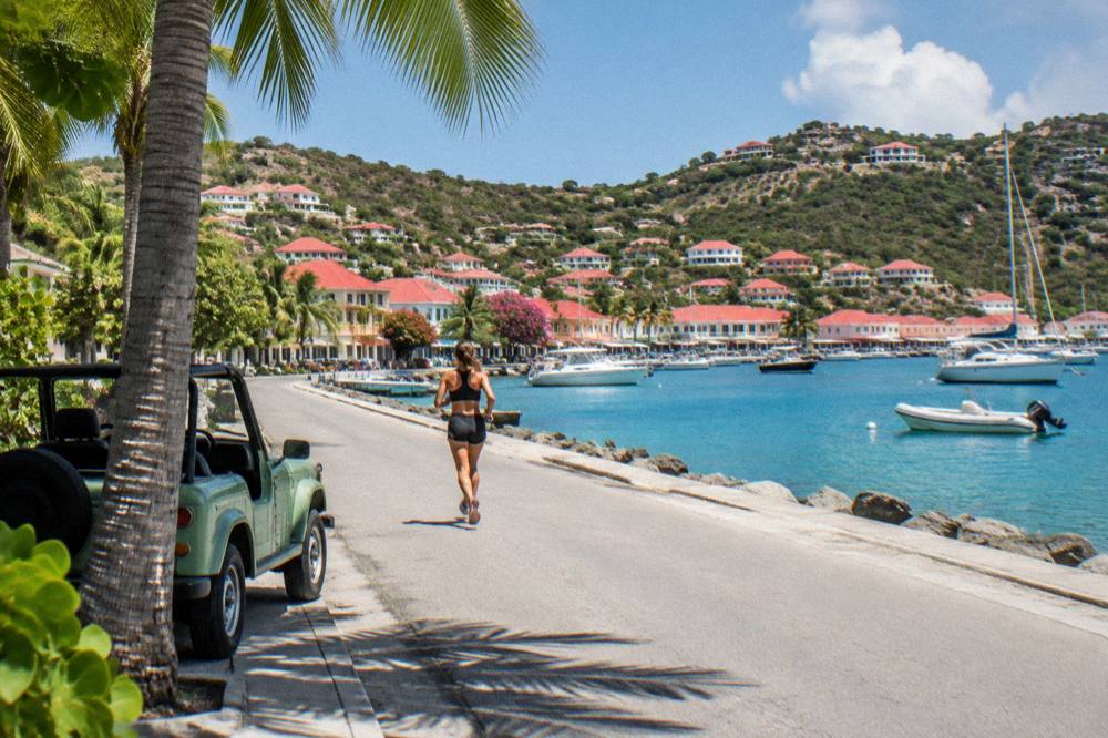 A small open-top car parked beside a palm tree on a coastal road