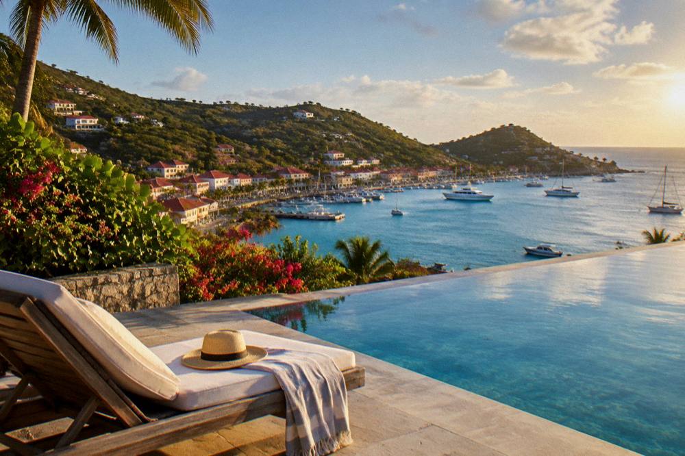 A sun lounger beside a still pool at golden hour with the sea beyond