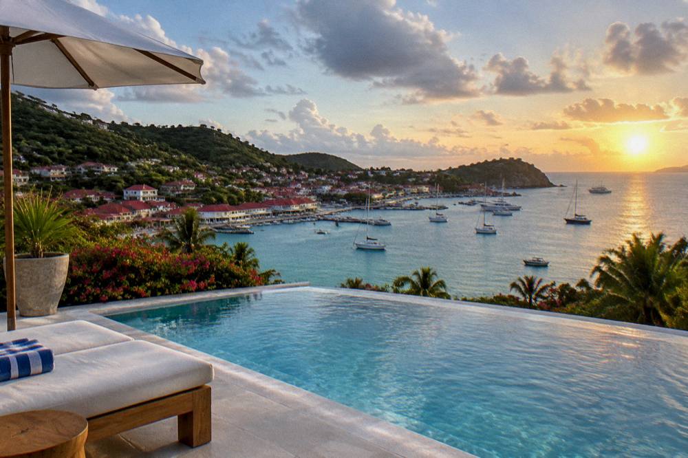 A wide terrace with an infinity pool facing an open Caribbean horizon at sunset