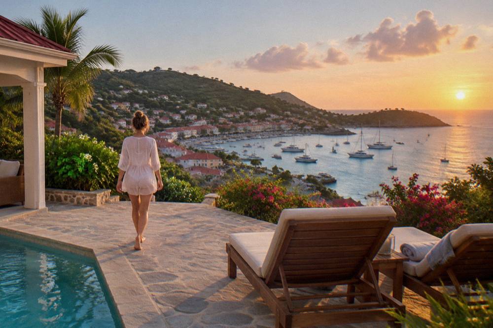 A villa terrace with sun loungers facing the sunset over the Caribbean sea
