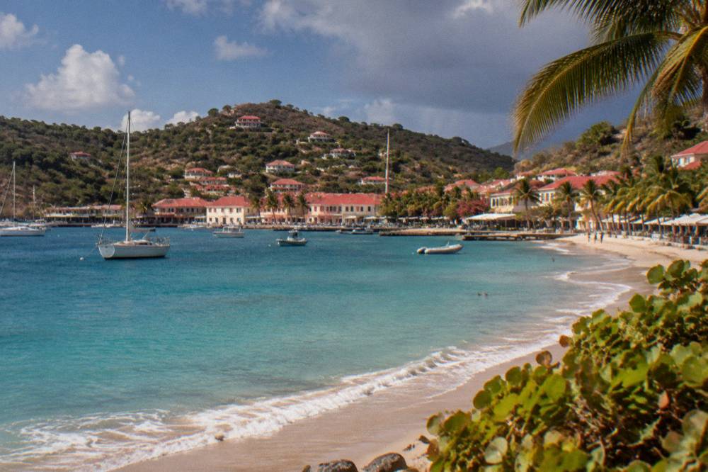 A palm-fringed white sand beach with gentle turquoise waves on St Barts