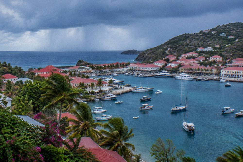 A rain shower passing over the sea near the coast of St Barts