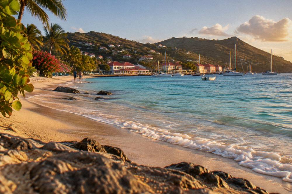 A quiet tropical beach in late afternoon light with gentle waves on St Barts