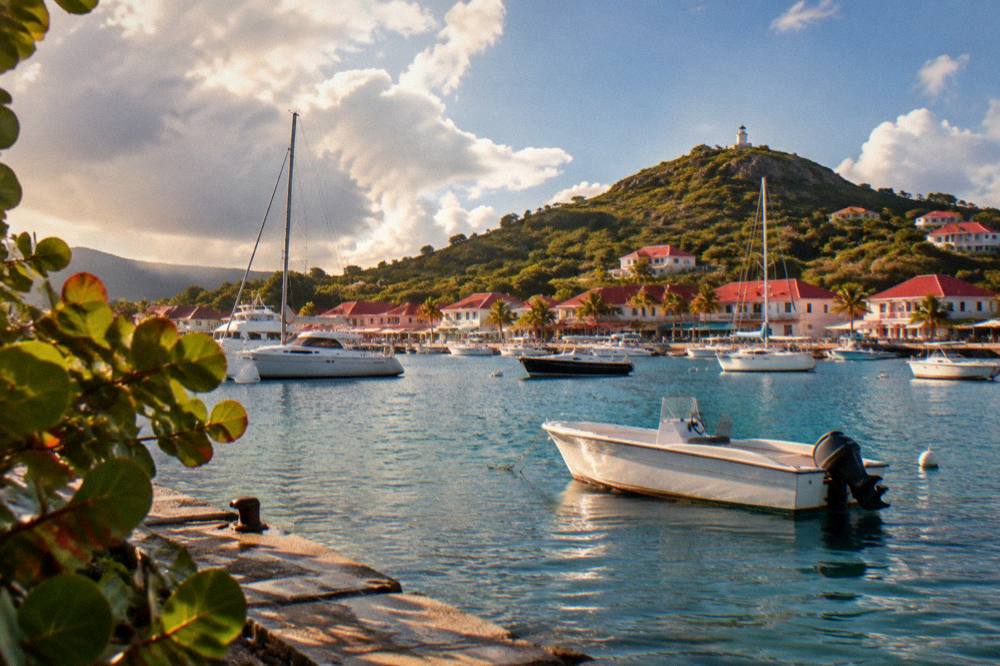 Dramatic tropical clouds over a Caribbean island harbor with boats at moorings
