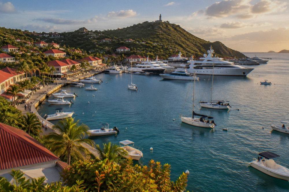 Large white superyachts moored in a small harbor surrounded by hills and rooftops