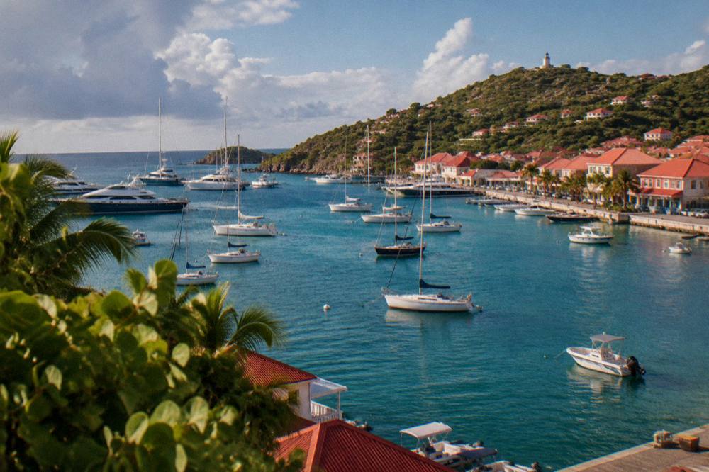 Aerial view of moored boats in a harbor with turquoise water and green hills