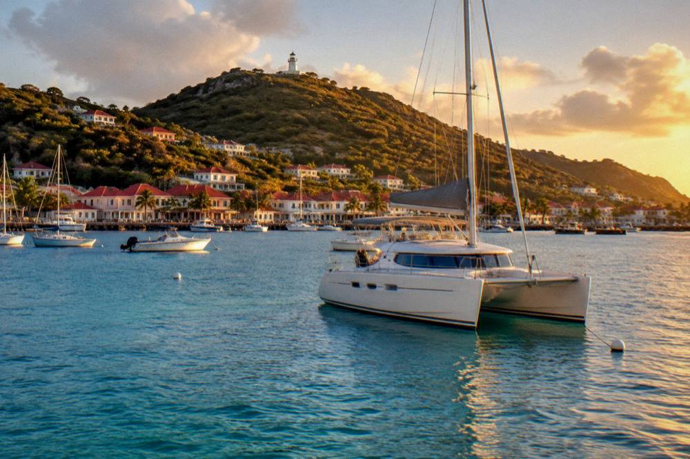 A catamaran at anchor in a calm Caribbean bay at golden hour
