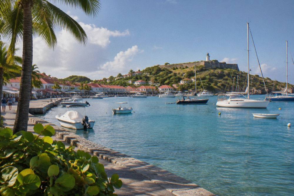 A stone fortification overlooking a Caribbean harbour with boats at anchor