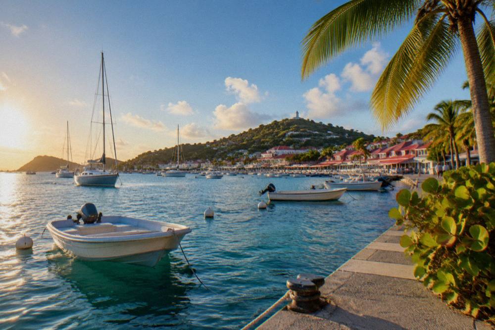 A palm-lined Caribbean beach under a blue sky with calm water