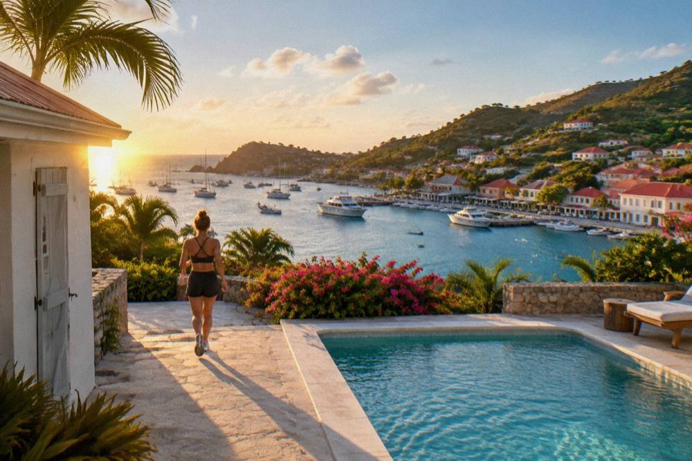 A quiet villa with a pool overlooking the sea and green hills of St Barts